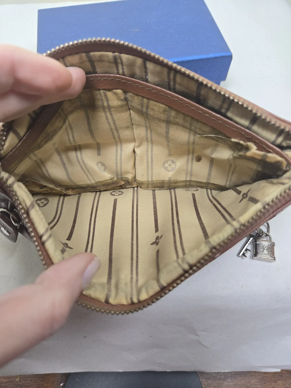 Vintage Louis Vuitton Brown Leather Zip Pouch with Chain Charm - Needs TLC